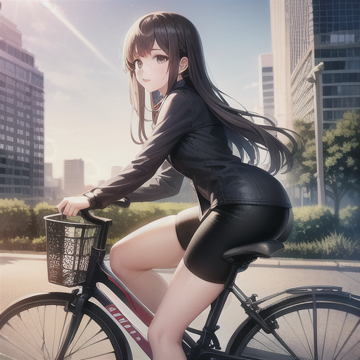 00068-300861399-A girl rides a bicycle in the city, and the sunlight  shines on her_SFW, (masterpiece_1,2), best quality, masterpiece, highres,